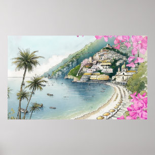 Impression d'art aquarelle de la Côte d'Amalfi