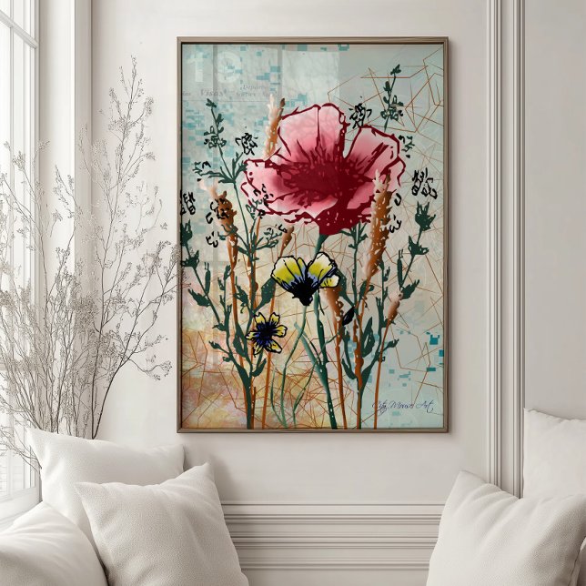 Impression d'art botanique de fleurs sauvages (Large botanical wildflower art print featuring expressive florals in soft watercolor and ink.)