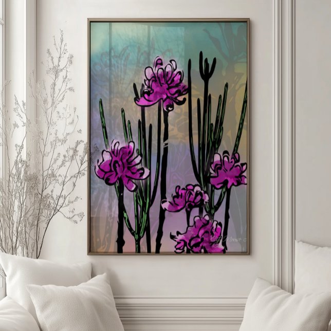 Impression d'art botanique Desert Blooms (Contemporary botanical wall art featuring vibrant desert blooms in expressive watercolor and ink.)
