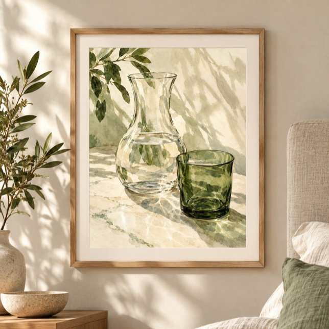 Impression d'art Carafe et verre vert (Styled display of Carafe and Green Glass Art Print. Frame, mat and furnishings shown for illustration; select framing options separately.)