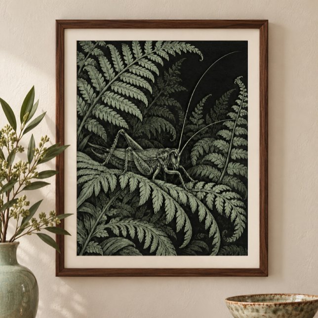 Impression d'art Cricket in the Ferns (Styled display of Cricket in the Ferns Art Print. Frame, mat and furnishings shown for illustration; select framing options separately.)
