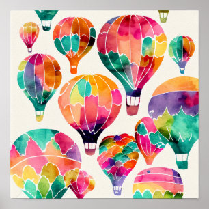 Impression d'art de ballons à air chaud aquarelle 