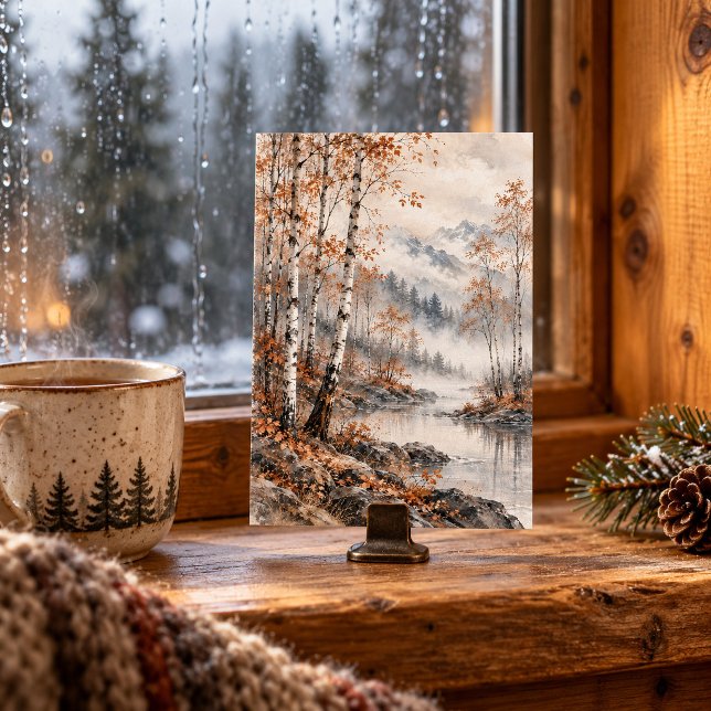 Impression d'art de bouleau entre les saisons (Styled preview of the 4 x 6 inch unframed Standard Semi-Gloss paper print. The landscape and painterly texture are flat printed artwork. Photo clip, cup and other decorative accessories are not included.)