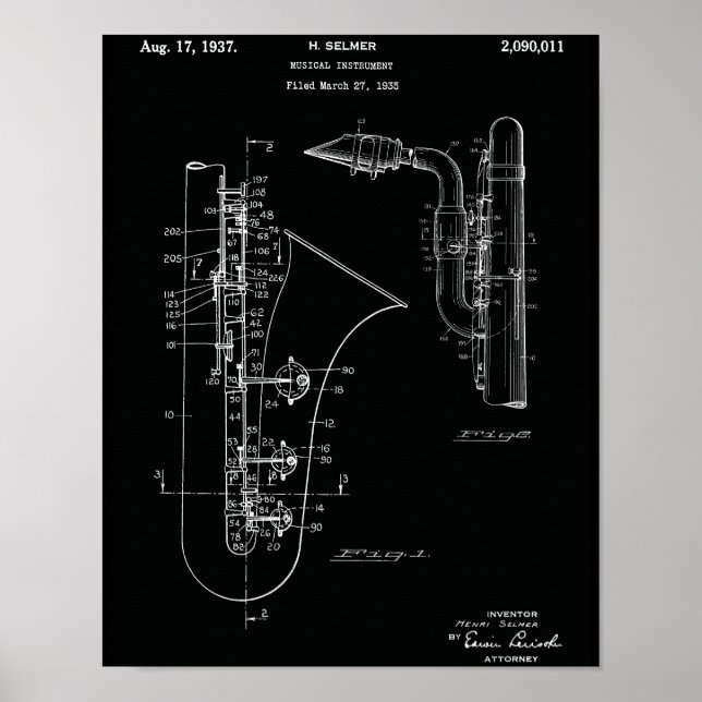 Impression d'art de brevet de saxophone vintage (Devant)