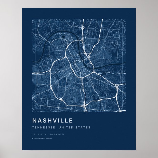 Impression d'art de carte de ville de Nashville TN (Devant)