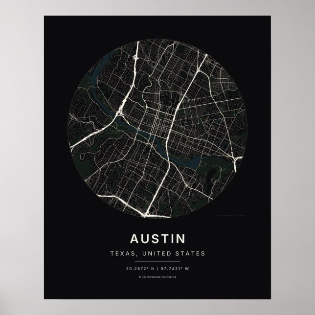 Impression d'art de carte de ville noire d'Austin  (Devant)