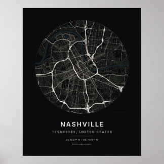 Impression d'art de carte de ville noire de Nashvi