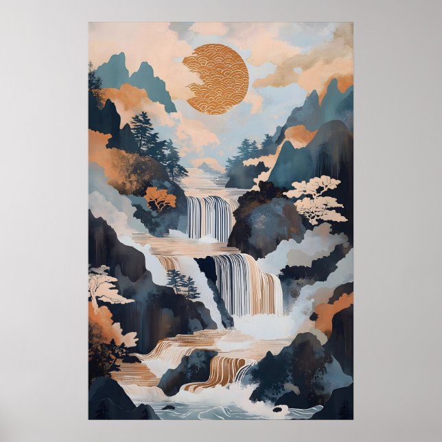 Impression d'art de cascade japonaise Montagne tra (Devant)