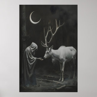 Impression d'art de cerf avec sorcière, Lune crois