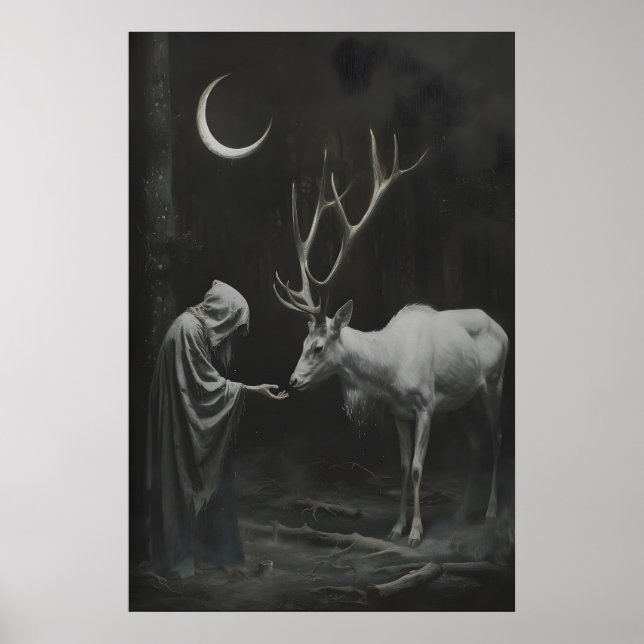 Impression d'art de cerf avec sorcière, Lune crois (Devant)