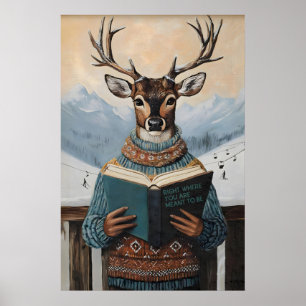 Impression d'art de cerf lisant Lodge de ski mur h