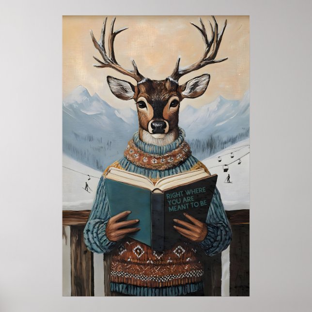 Impression d'art de cerf lisant Lodge de ski mur h (Devant)