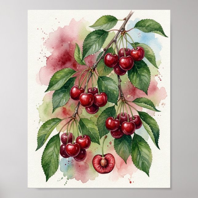 Impression d'art de cerises à l'aquarelle vibrante (Devant)