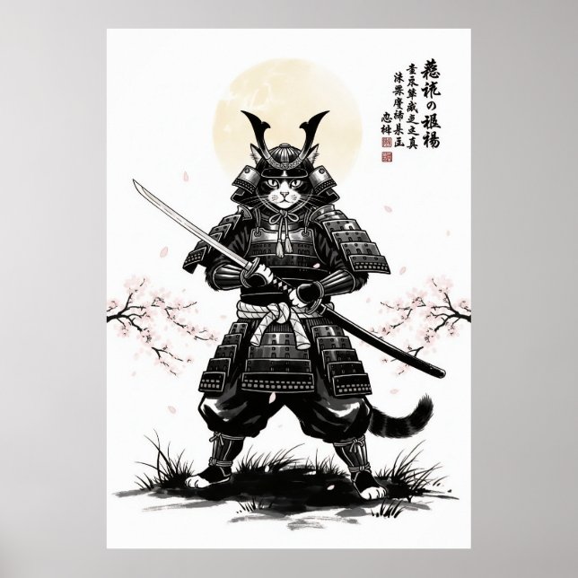 Impression d'art de chat samouraï avec épée katana (Devant)