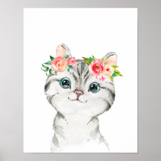 Impression d'art de chaton avec fleurs à l'aquarel