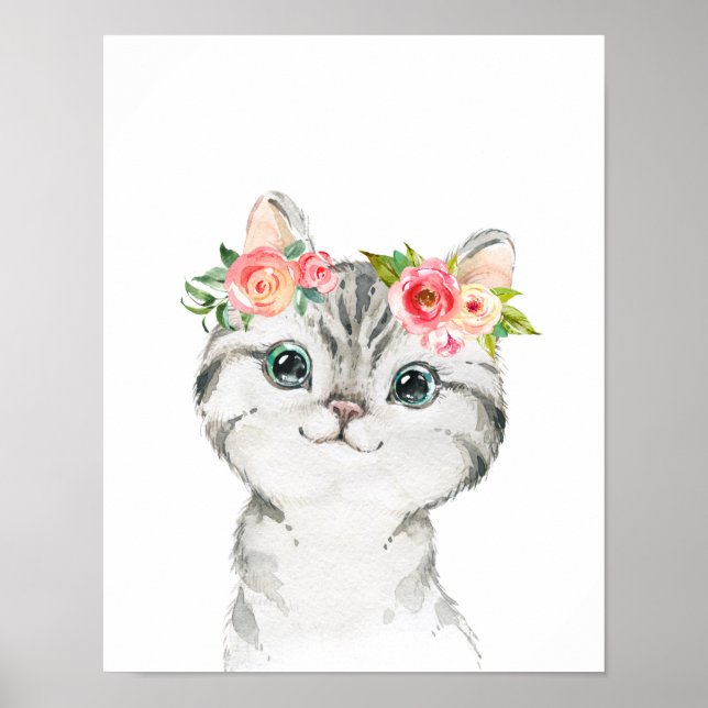 Impression d'art de chaton avec fleurs à l'aquarel (Devant)