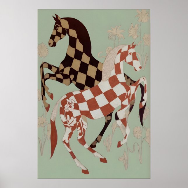 Impression d'art de cheval à damier - Floral vinta (Devant)
