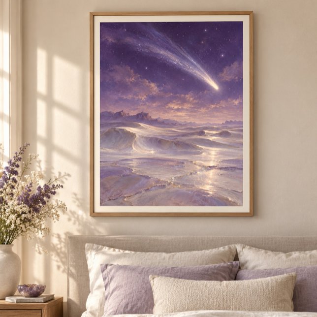 Impression d'art de comète sur le désert de verre (Styled display of Comet over the Glass Desert Art Print. Frame, mat and furnishings shown for illustration; select framing options separately.)
