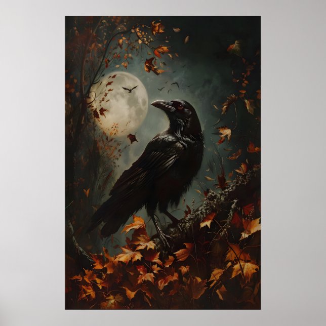 Impression d'art de corbeau sous la pleine lune en (Devant)