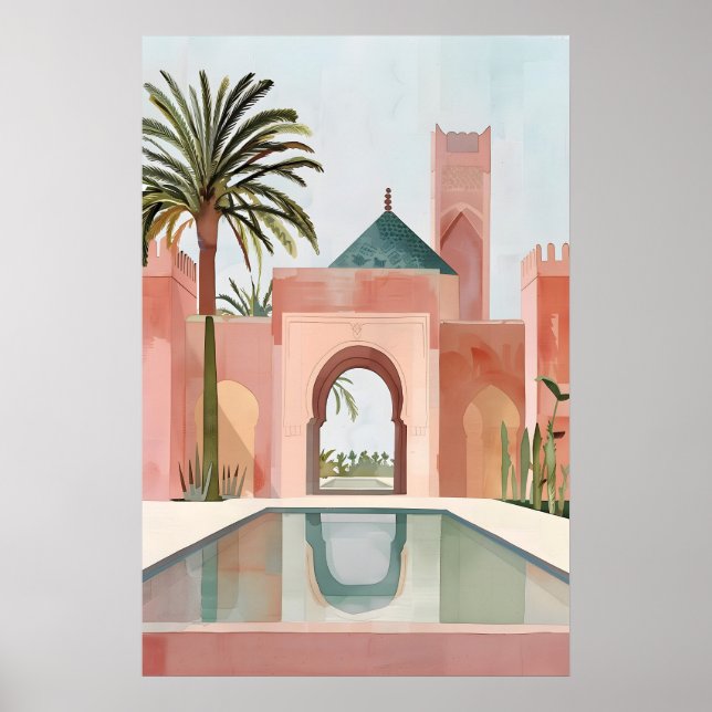 Impression d'art de cour marocaine Piscine rose et (Devant)