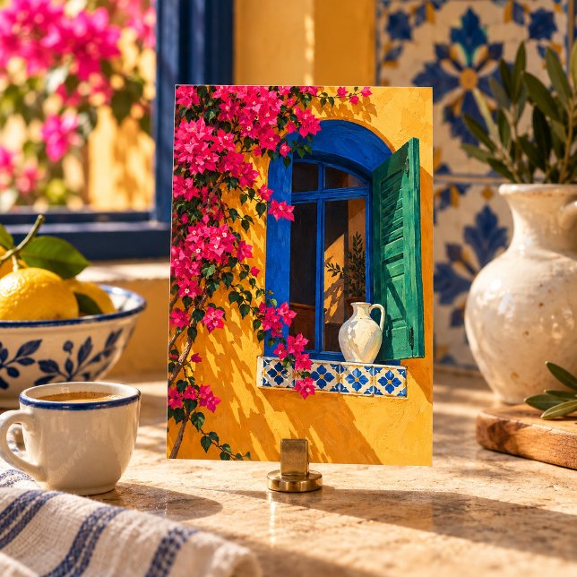 Impression d'art de fenêtre avec bougainvillée (4 x 6 inch unframed semi-gloss print. Flat printed artwork. Styled scene; props not included.)
