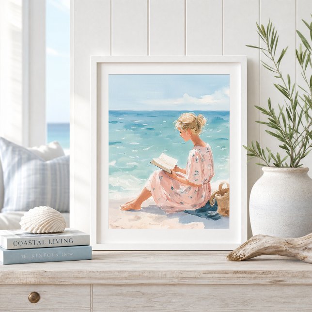 Impression d'art de fille lisant au bord de la mer (Créateur téléchargé)