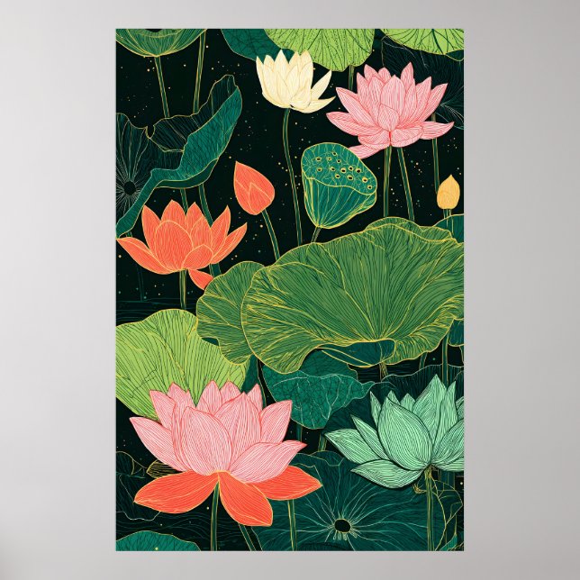 Impression d'art de fleur de lotus Linogravure bot (Devant)