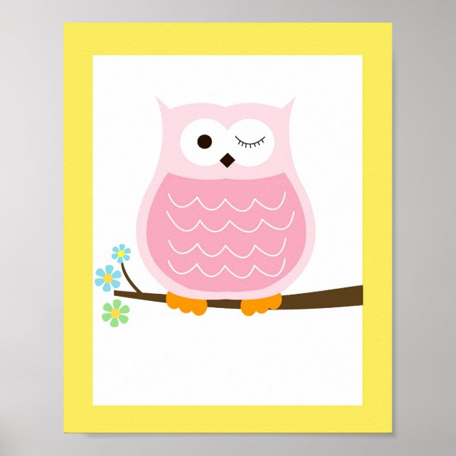 Impression d'art de hibou tendance jaune et rose (Devant)
