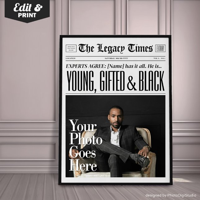 Impression d'art de journal personnalisée, Jeune,  (Custom Newspaper Art Print, Young Gifted and Black Poster)