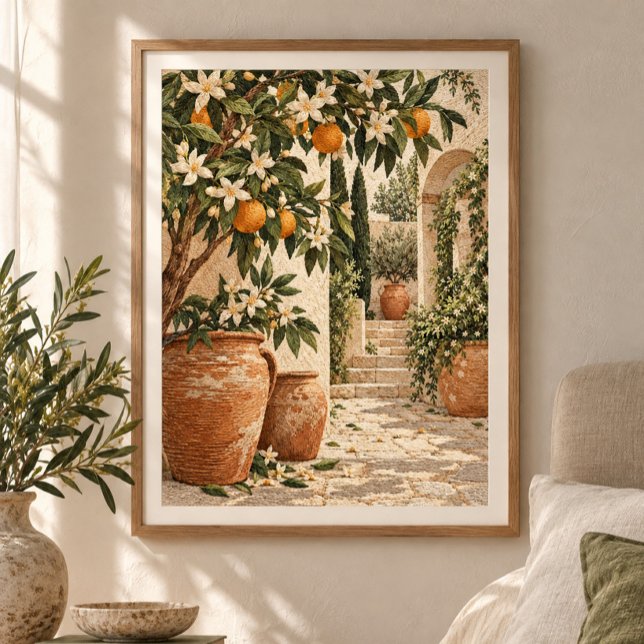 Impression d'art de la cour des fleurs d'orange (Styled display of Orange Blossom Courtyard Art Print. Frame, mat and furnishings shown for illustration; select framing options separately.)