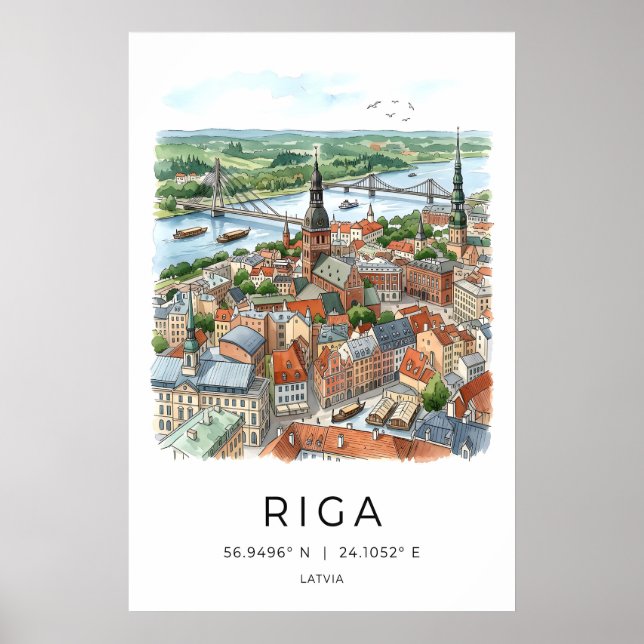 Impression d'art de la skyline de Riga aquarelle ( (Devant)