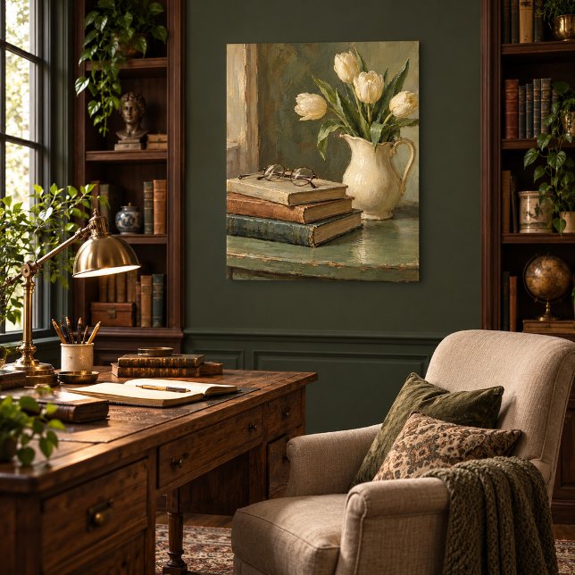 Impression d'art de la table de lecture de tulipes (Unframed paper art print. All texture effects are printed. Room styling props are not included.)