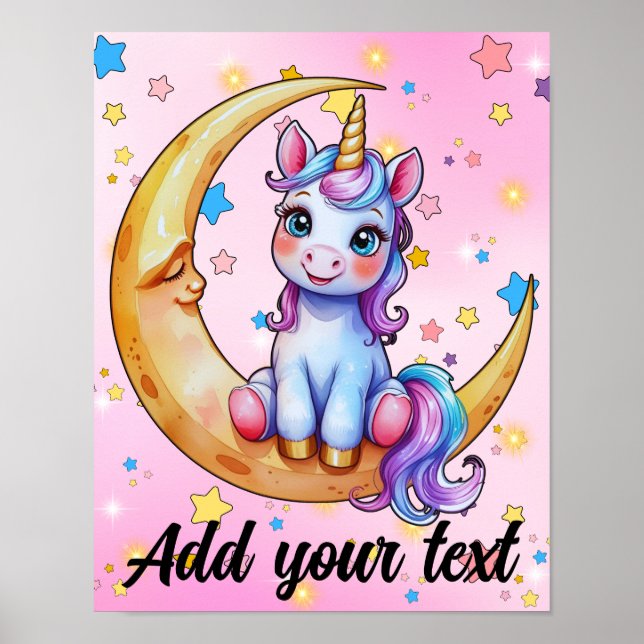 Impression d'art de licorne sur lune 11x14 (Devant)