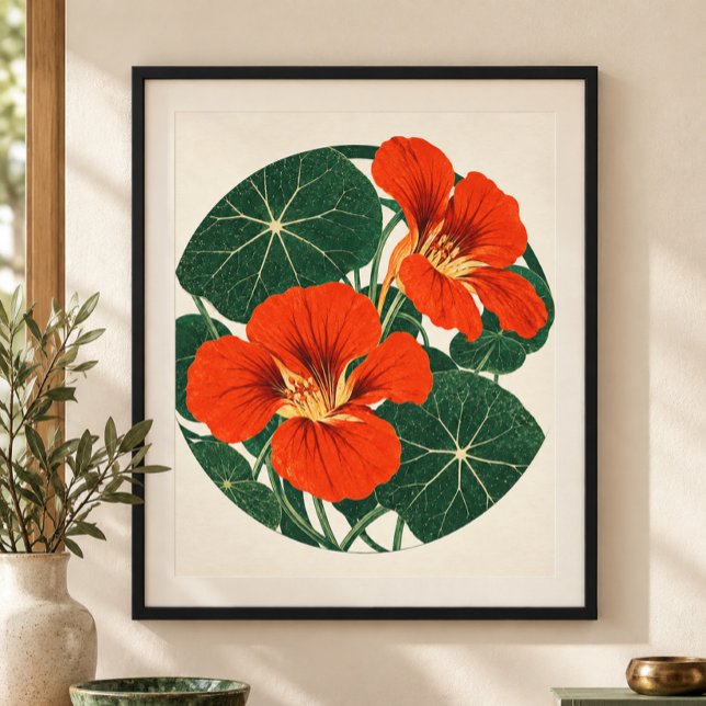 Impression d'art de médaillon de capucine (Styled display of Nasturtium Roundel Art Print. Frame, mat and furnishings shown for illustration; select framing options separately.)