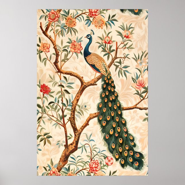 Impression d'art de paon Élégance florale, Nature  (Devant)