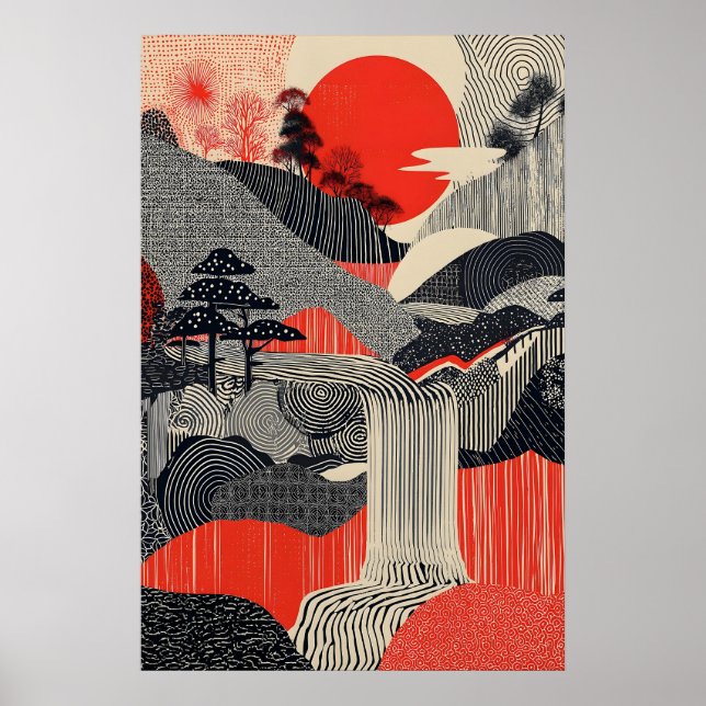 Impression d'art de paysage japonais Soleil rouge  (Devant)