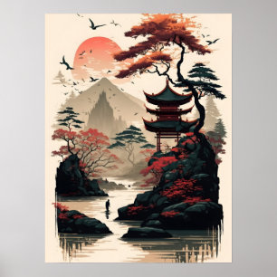 Impression d'art de paysage japonais – Temple Zen
