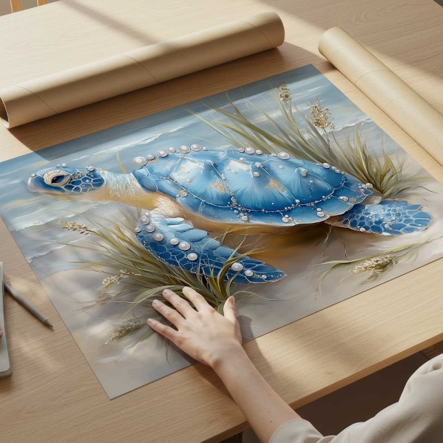 Impression d'art de plage côtière Tortue de mer bl (Blue Sea Turtle Coastal Beach Art Print | Poster by TinkPrints.)