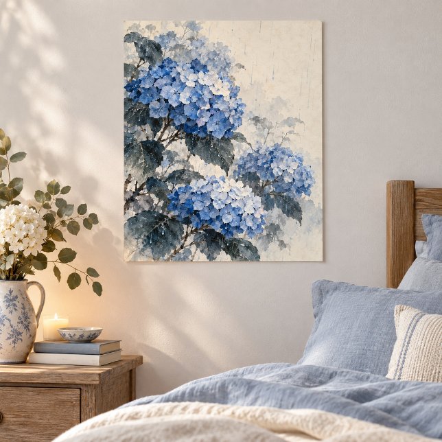 Impression d'art de pluie d'hortensia bleu (Unframed paper art print. All texture effects are printed. Room styling props are not included.)