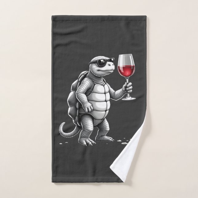 impression d'art de tortue cool buvant du vin roug (Serviette à main)