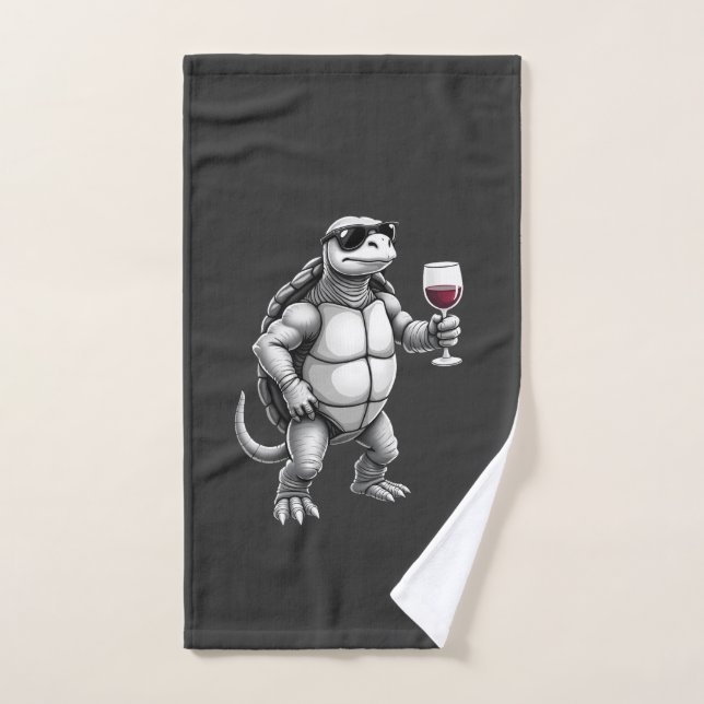 impression d'art de tortue cool buvant du vin roug (Serviette à main)