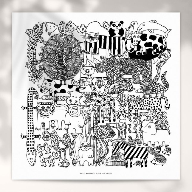 Impression d'art dessinée en noir et blanc d'anima (Wild Animals Black and White Drawing Art Print)