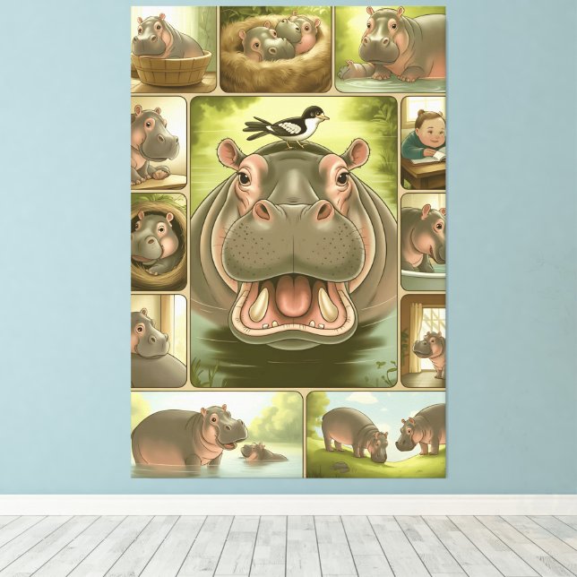 Impression d'art d'Hippopotame joueur & Oiseau – 1 (Insitu (Plancher de Bois))