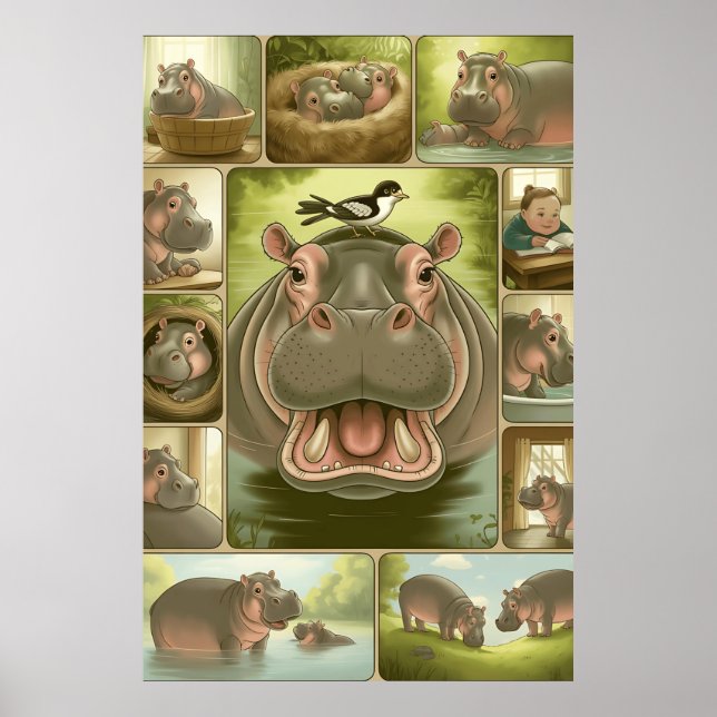 Impression d'art d'Hippopotame joueur & Oiseau – 1 (Devant)