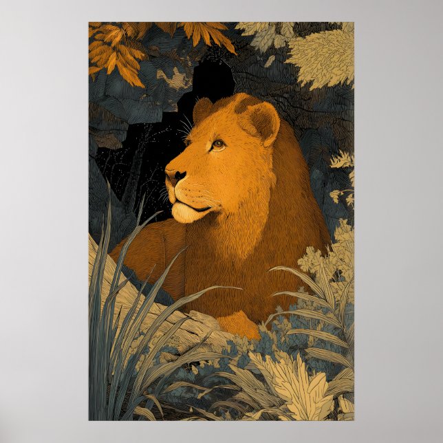 Impression d'art du majestueux Lion Leo avec feuil (Devant)
