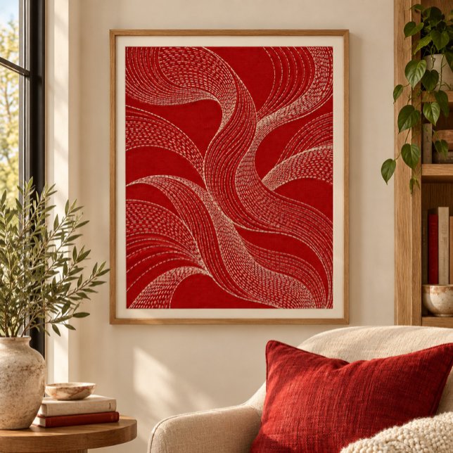 Impression d'art du rythme Sashiko écarlate (Styled display of Scarlet Sashiko Rhythm Art Print. Frame, mat and furnishings shown for illustration; select framing options separately.)