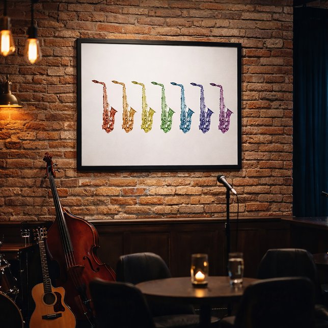 Impression d'art du saxophone arc-en-ciel (A poster featuring a rainbow lineup of alto saxophones.)