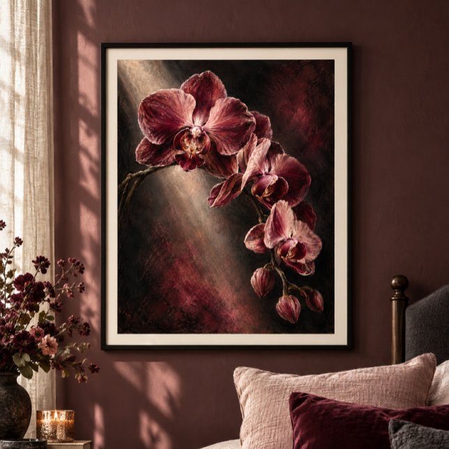Impression d'art du théâtre de l'Orchidée de Bourg (Styled display of Burgundy Orchid Theatre Art Print. Frame, mat and furnishings shown for illustration; select framing options separately.)
