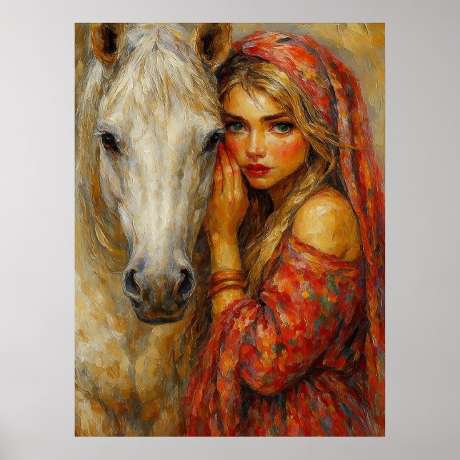 Impression d'art fine Femme avec cheval blanc (Devant)