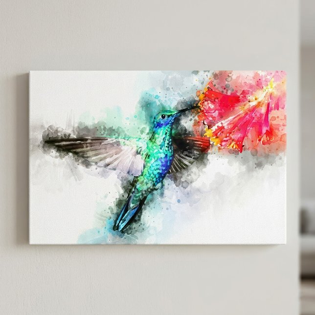 Impression d'art floral à l'aquarelle représentant (Vibrant Hummingbird Watercolor Floral Art Print. Canvas Print)